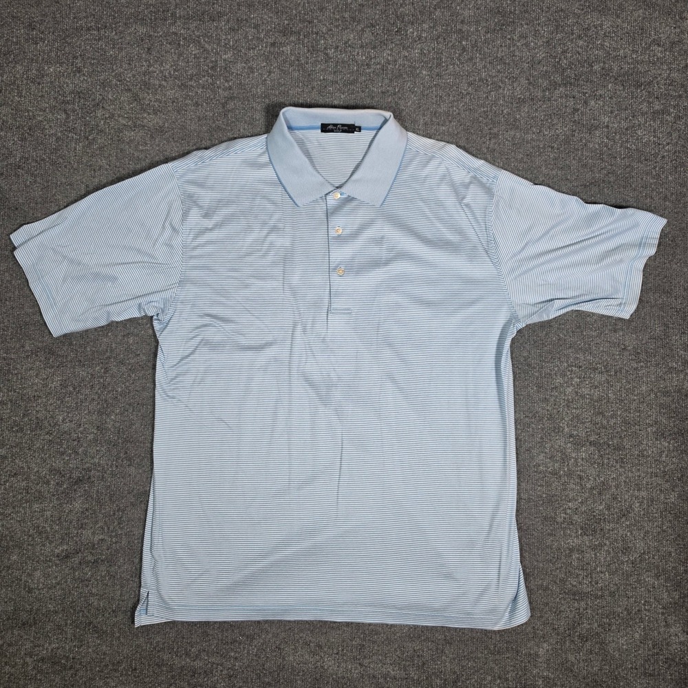 Alan Flusser Golf Mens XL Polo Shirt Lt. Blue White Striped Short Sleeve Classic